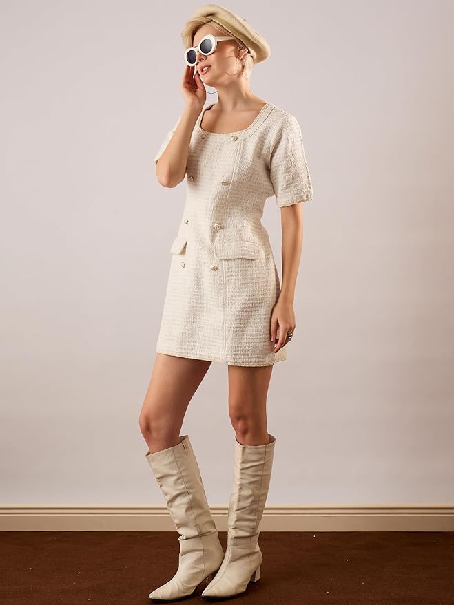 women tweed round neck short dress women tweed round neck short dress